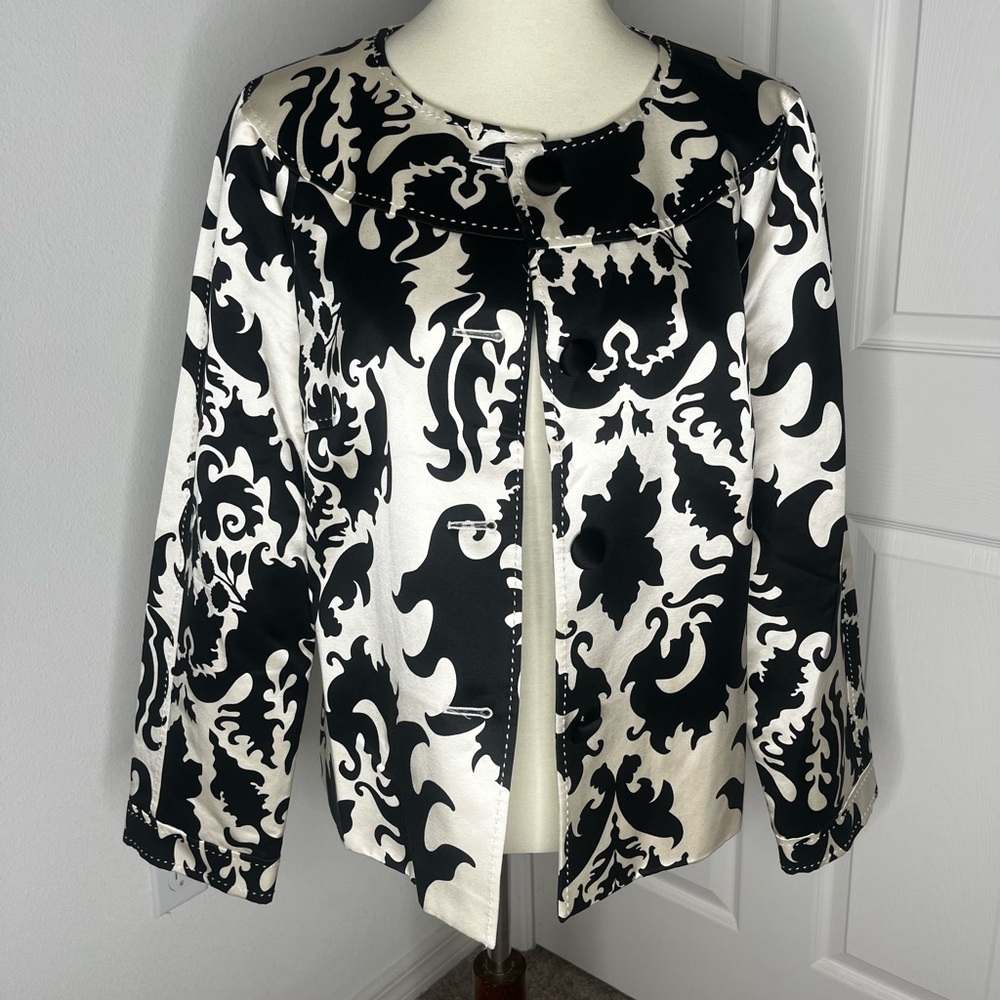 TORY BURCH Silk Cotton Lightweight Black White Print Jacket Sz 14